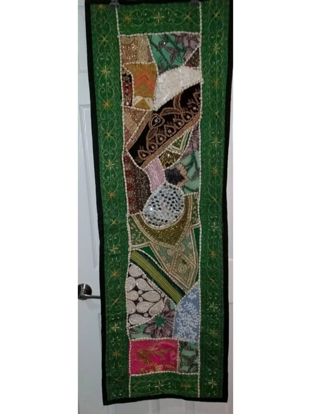 HAND BEADED EMBELLISHED INDIA WALL ART TAPESTRY PATCHWORK RECTANGLE 58x20 GREEN
